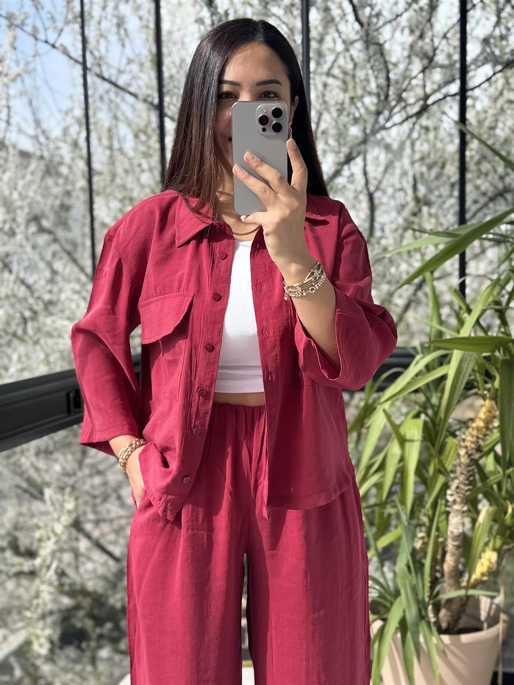 Tensel Cepli Gömlek Takım Bordo