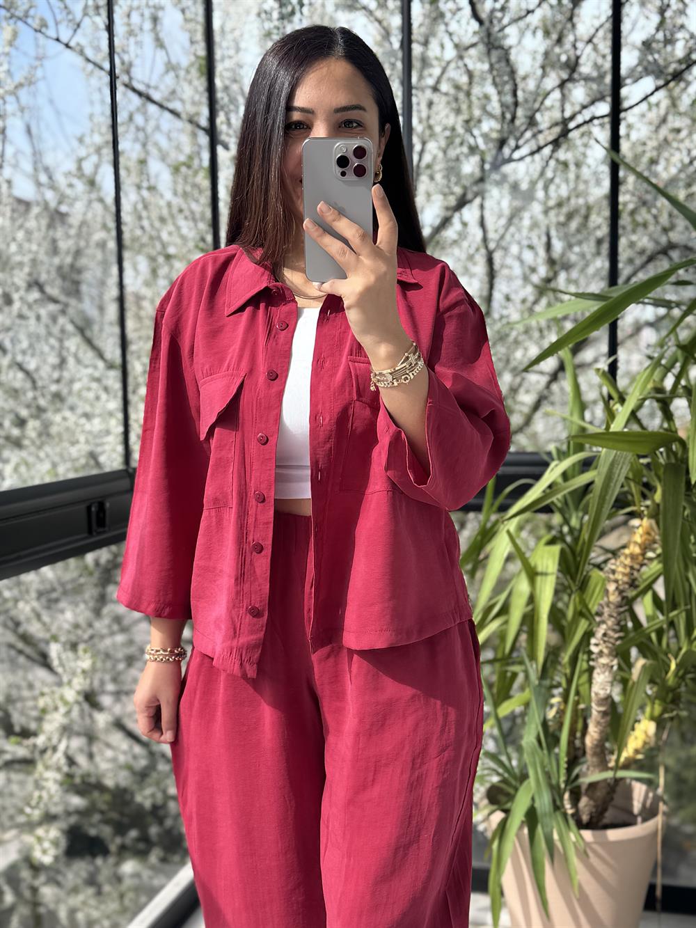 Tensel Cepli Gömlek Takım Bordo