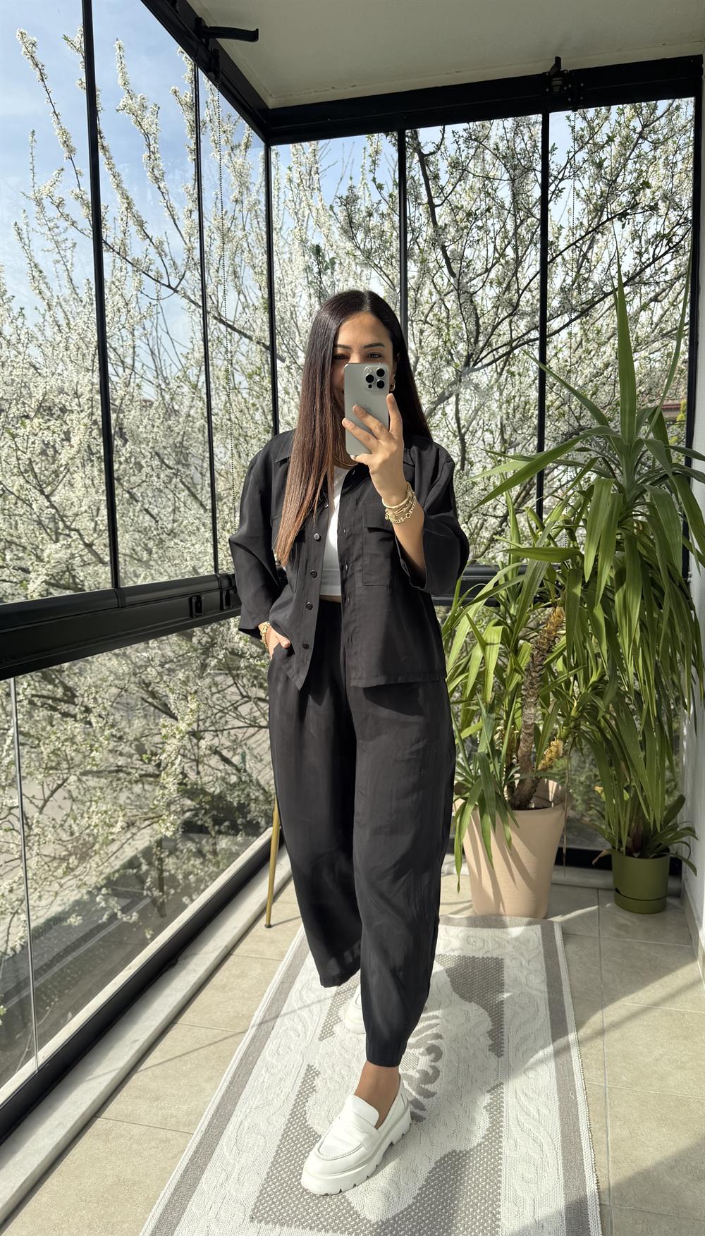 Tensel Cepli Gömlek Takım Siyah