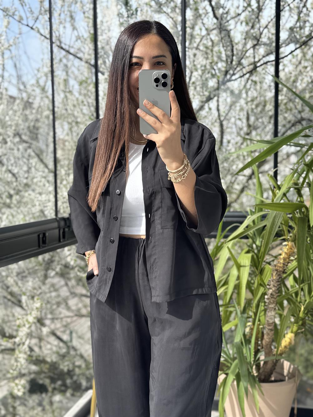 Tensel Cepli Gömlek Takım Siyah