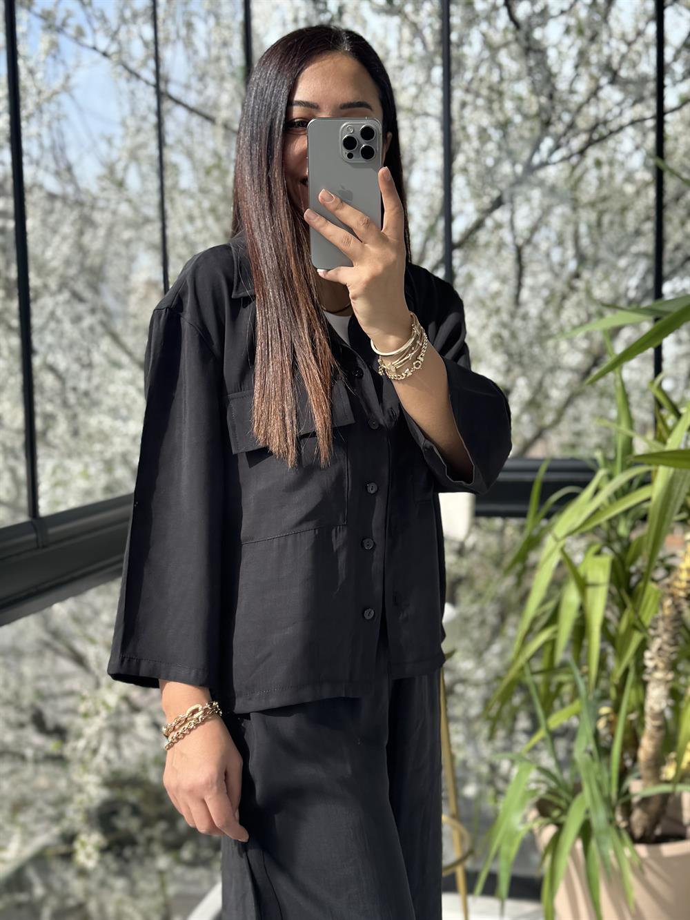 Tensel Cepli Gömlek Takım Siyah