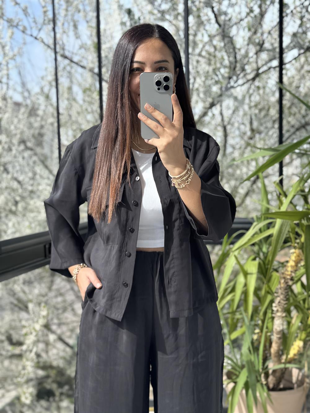 Tensel Cepli Gömlek Takım Siyah