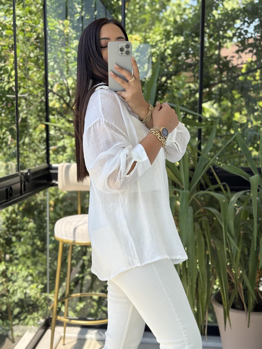 Tensel Cepli Nakış Detaylı Gömlek Beyaz