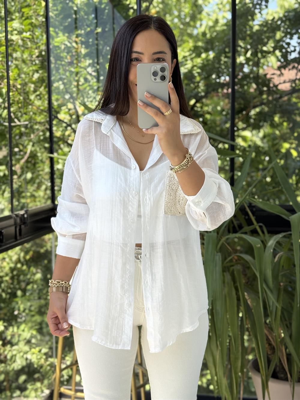 Tensel Cepli Nakış Detaylı Gömlek Beyaz