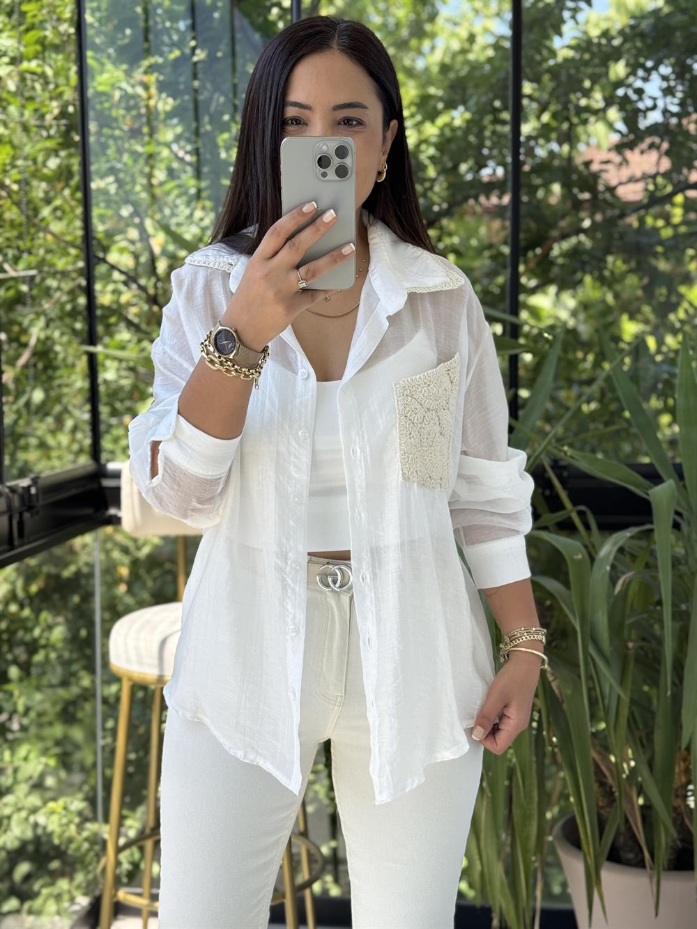 Tensel Cepli Nakış Detaylı Gömlek Beyaz