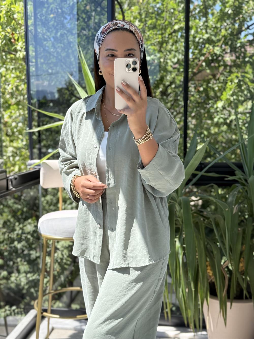 Modal Gömlek Şalvar Takım Çağla Yeşili