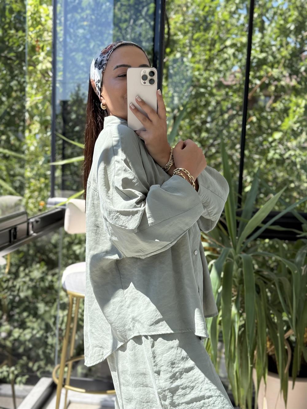 Modal Gömlek Şalvar Takım Çağla Yeşili