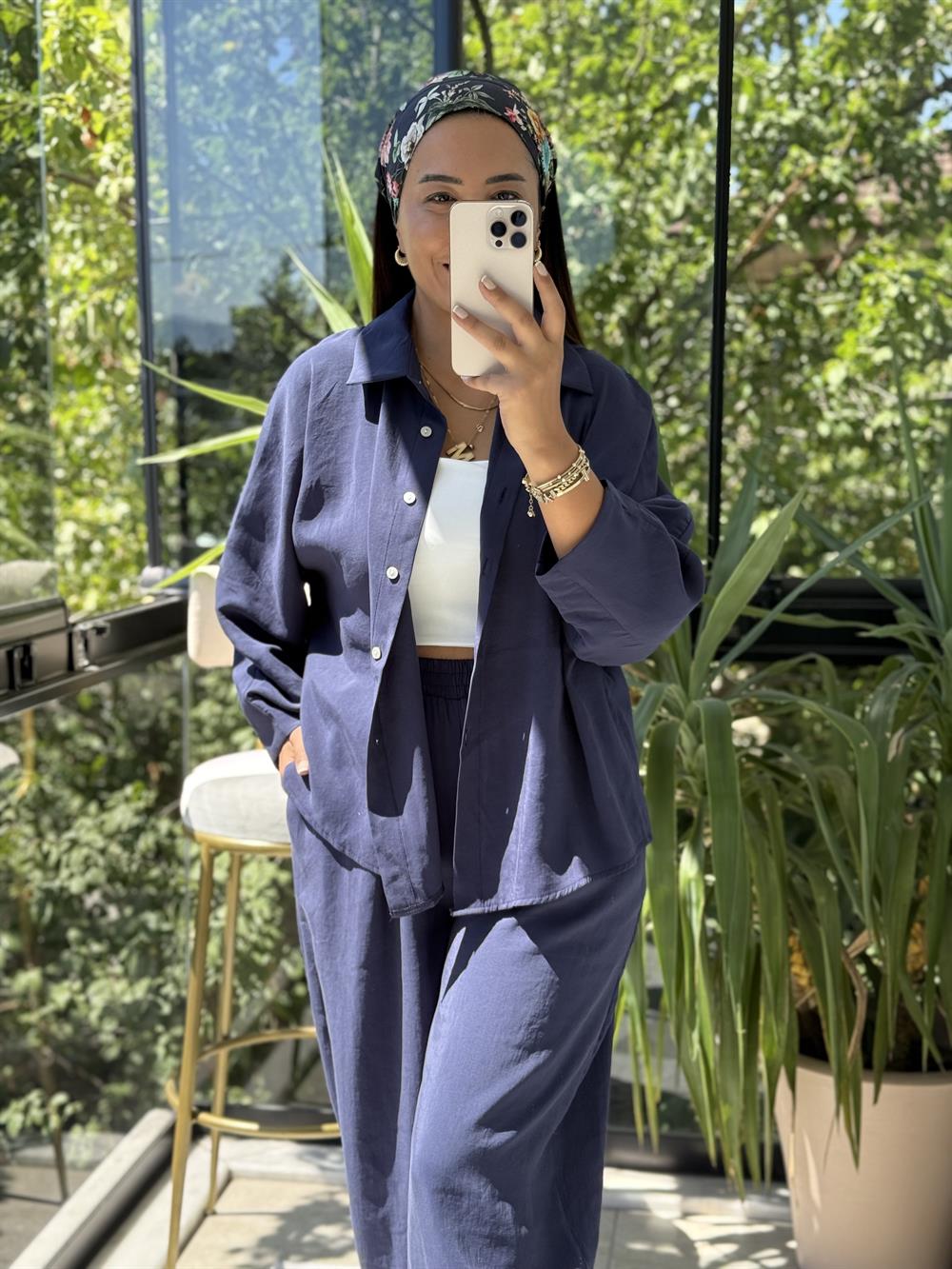 Modal Gömlek Şalvar Takım Lacivert