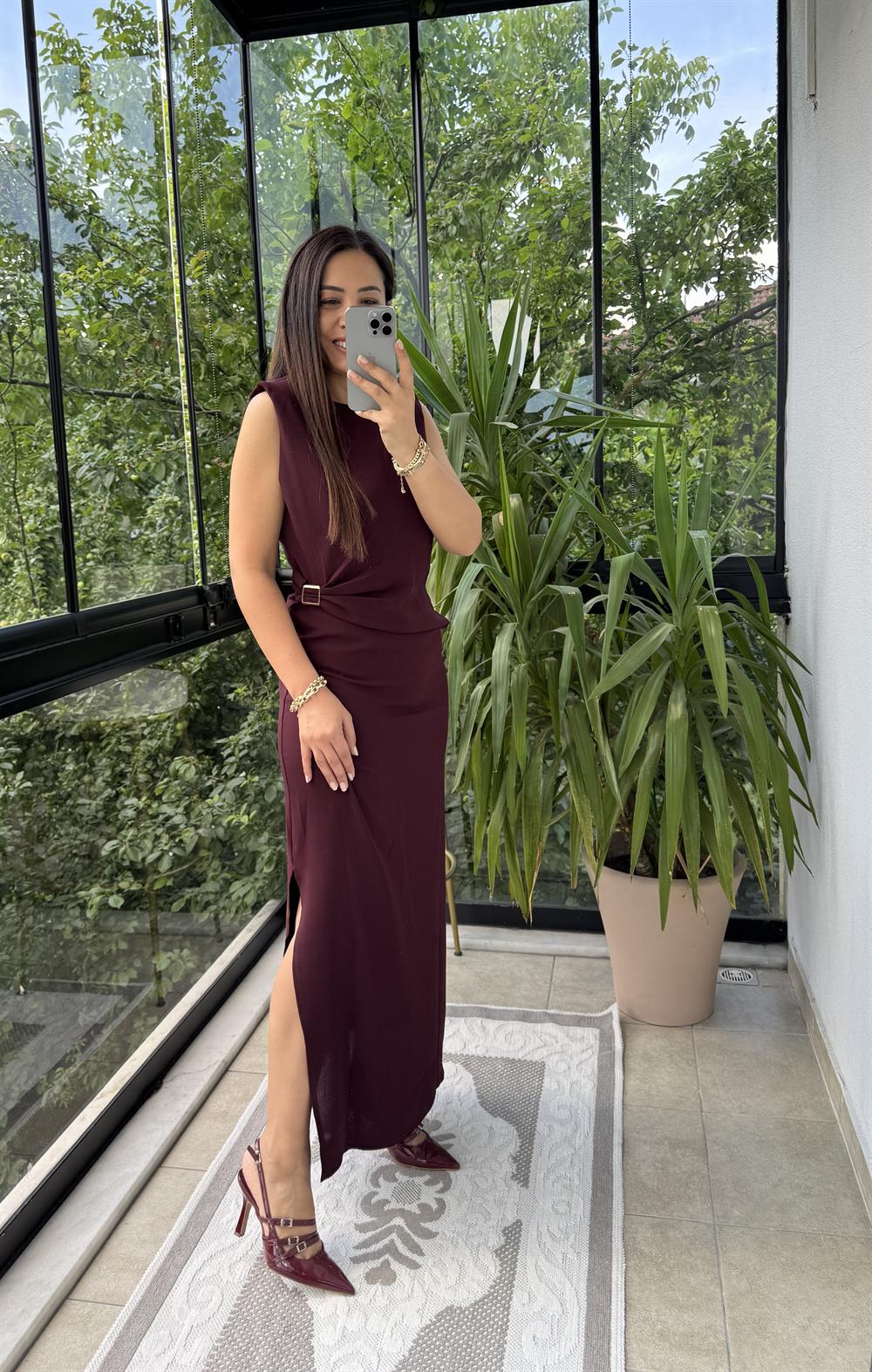 Tokalı Elbise Mürdüm