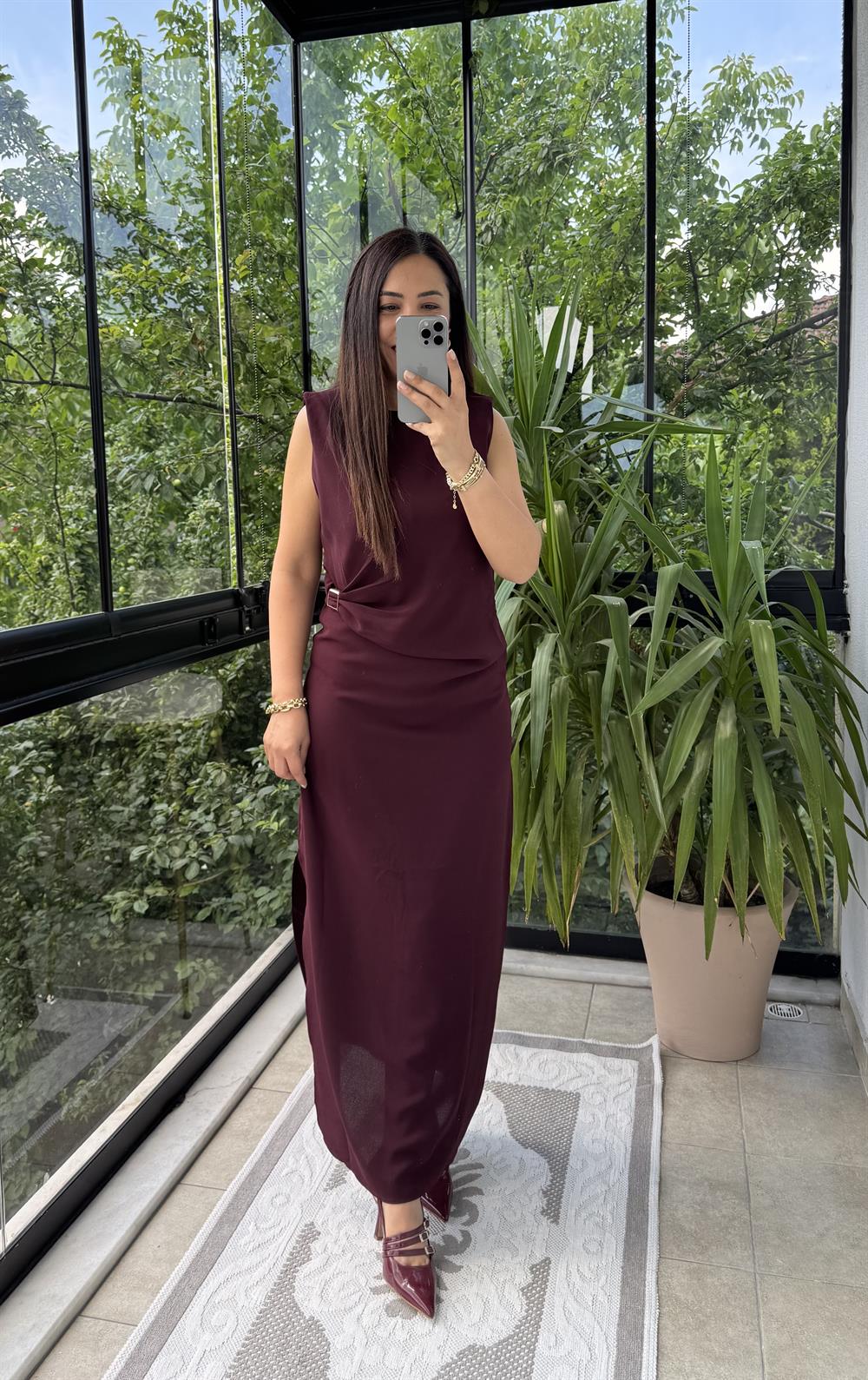 Tokalı Elbise Mürdüm