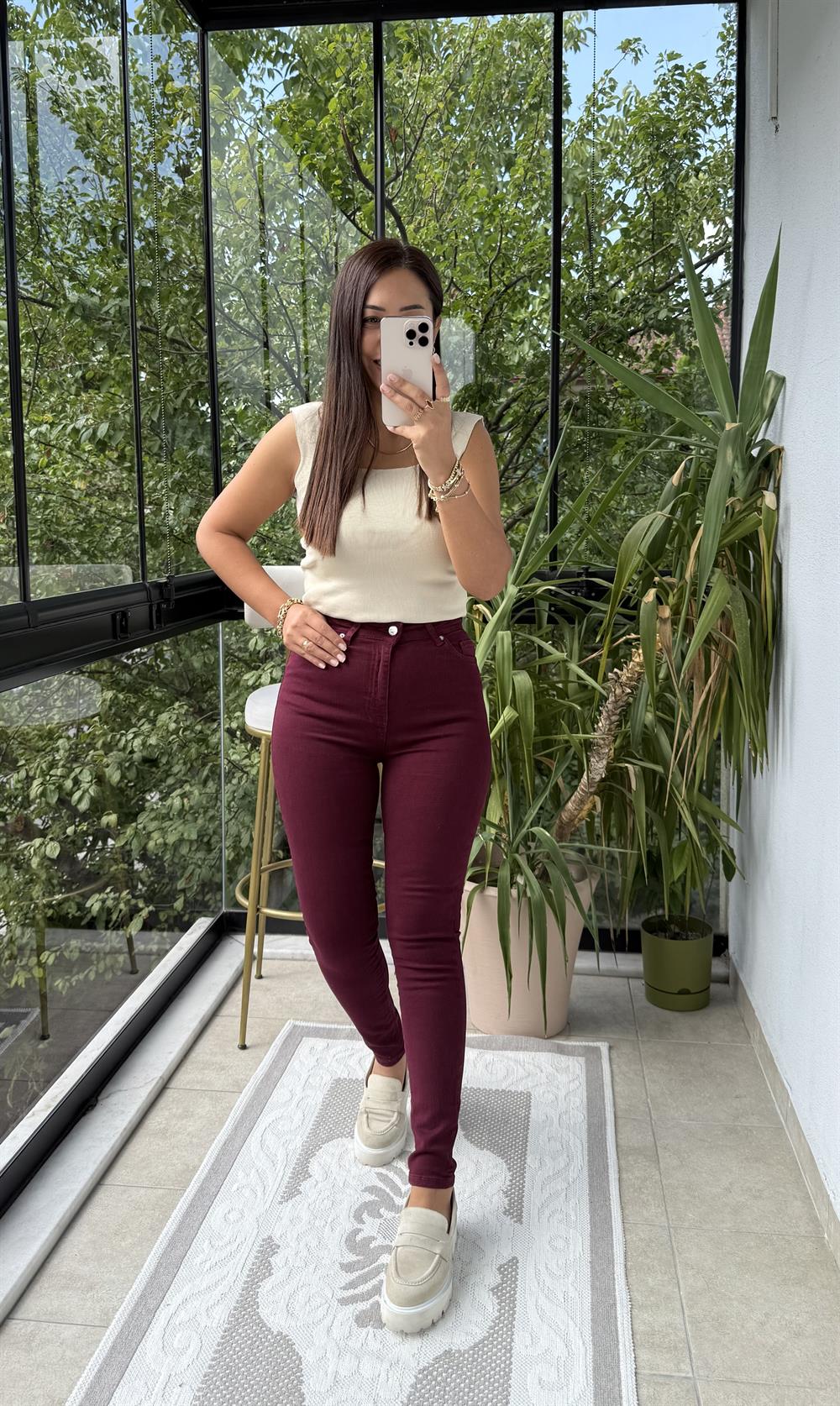 Toparlayıcı Skinny Jean Bordo