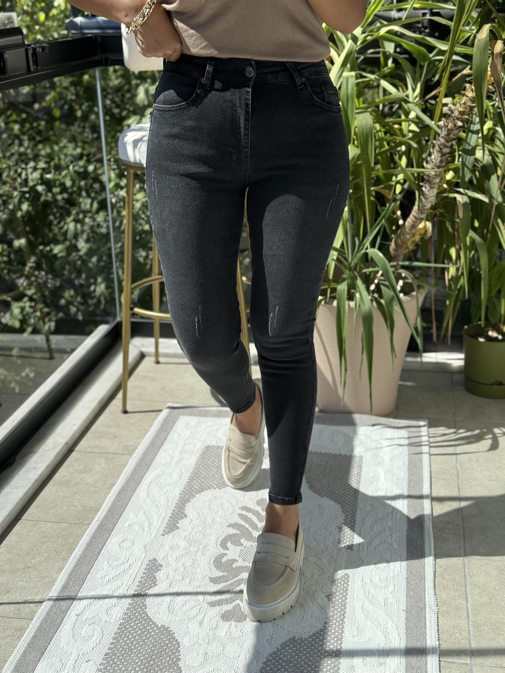 Toparlayıcı Skinny Jean Koyu Gri Tırnaklı