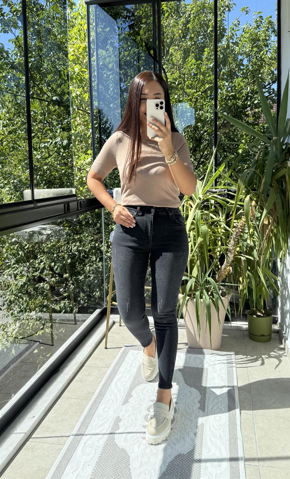 Toparlayıcı Skinny Jean Koyu Gri Tırnaklı