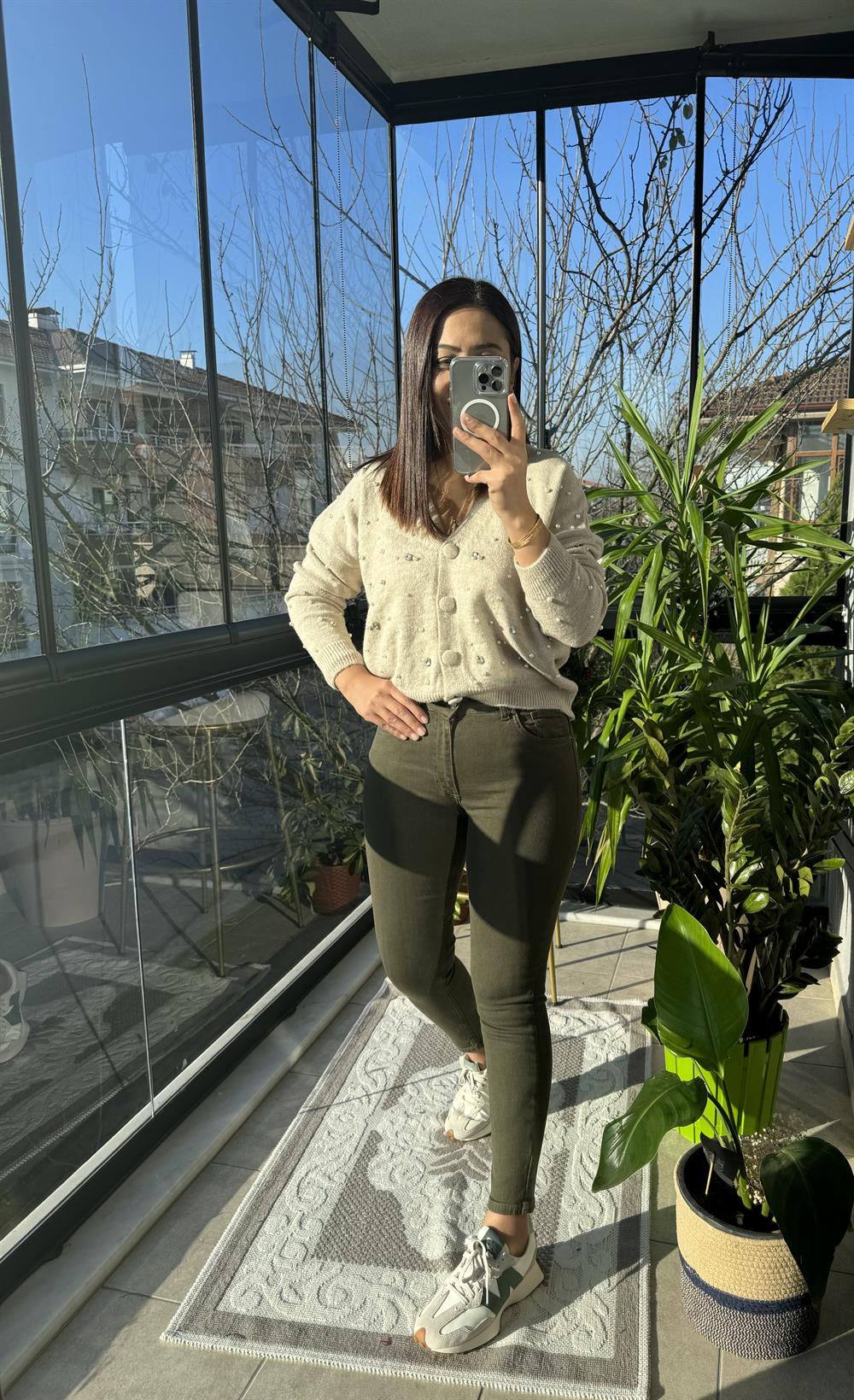 Toparlayıcı Skinny Jean Yeşil