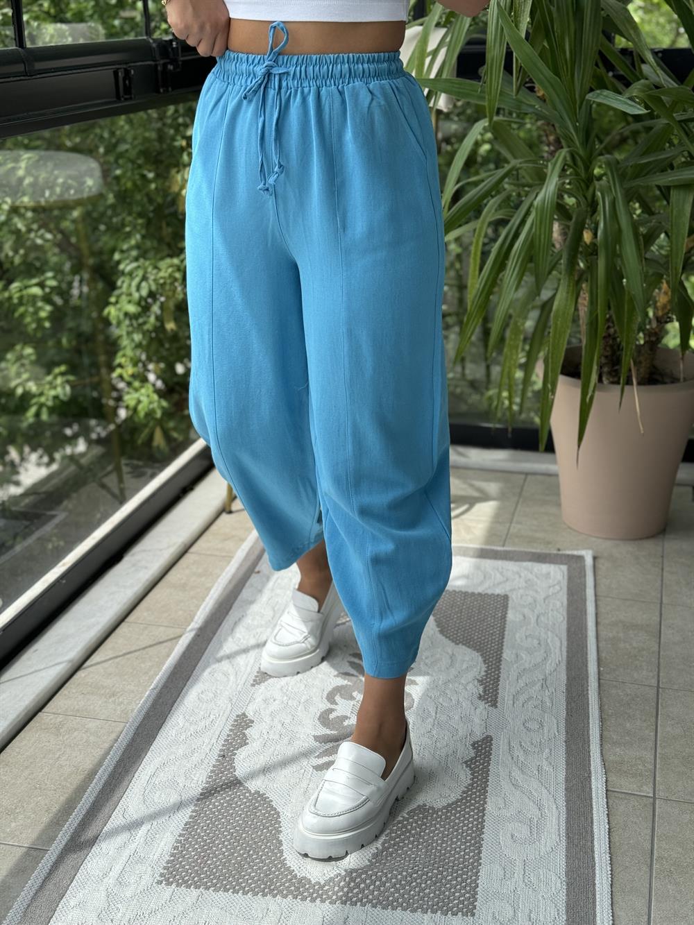 Turkuaz Şalvar Keten Pantolon