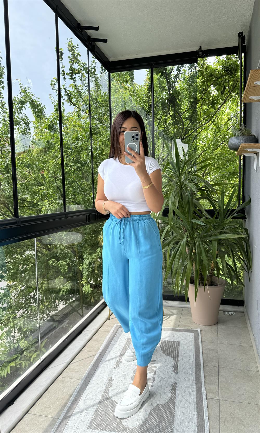 Turkuaz Şalvar Keten Pantolon