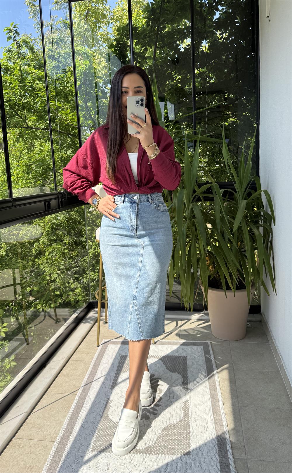 Üçgen Parça Detaylı Etek Mavi