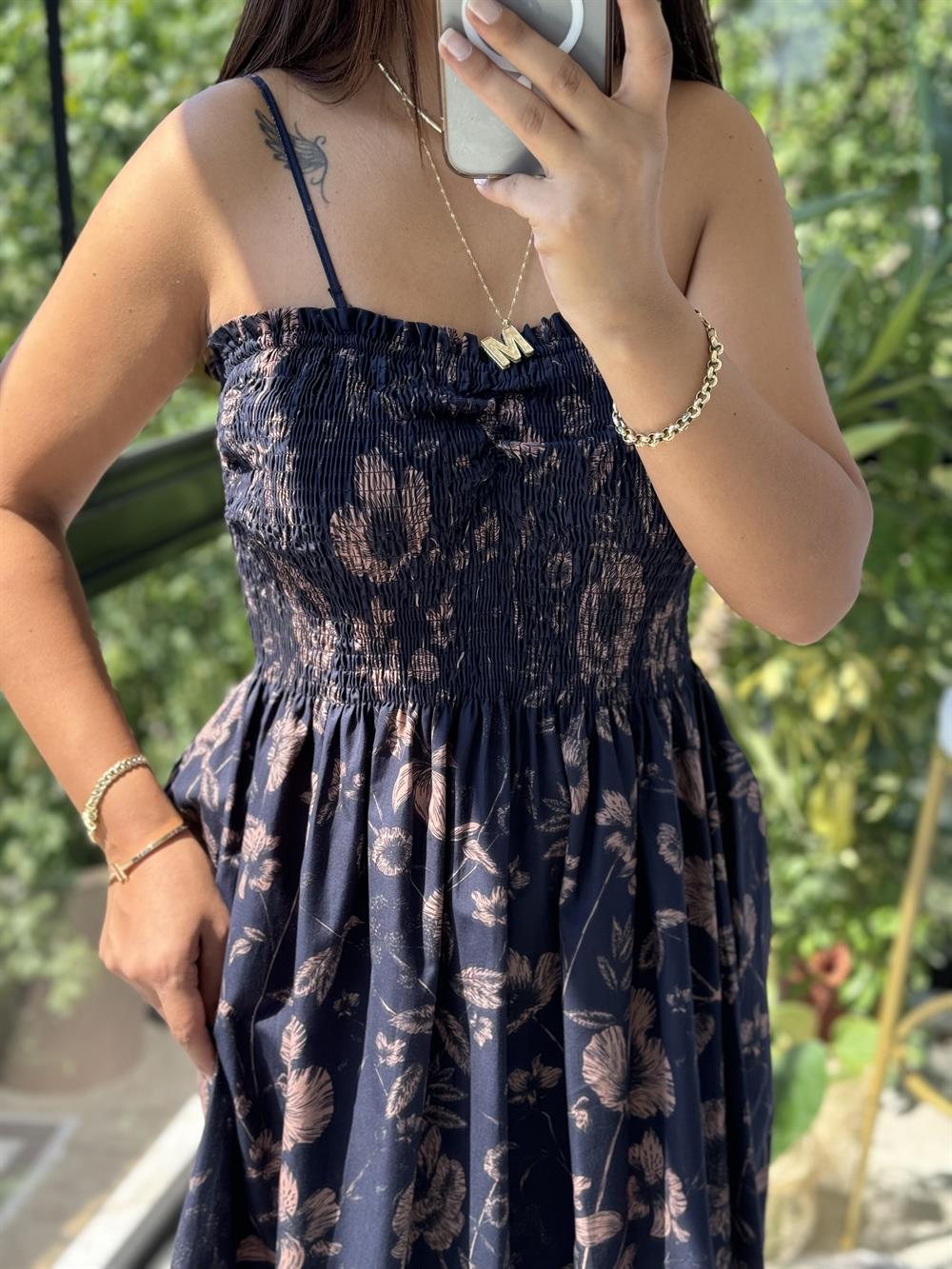 Üst Kısmı Büzgülü Elbise Lacivert 