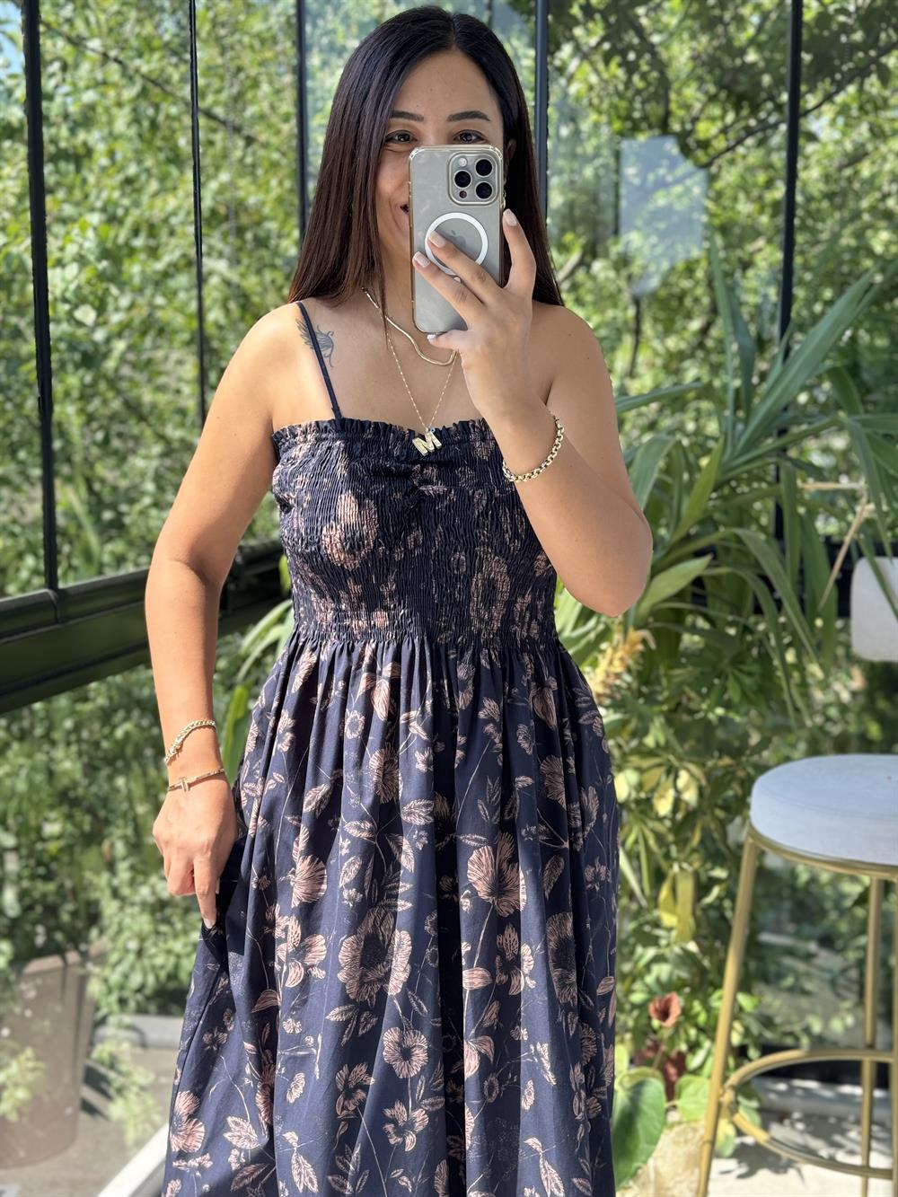 Üst Kısmı Büzgülü Elbise Lacivert 