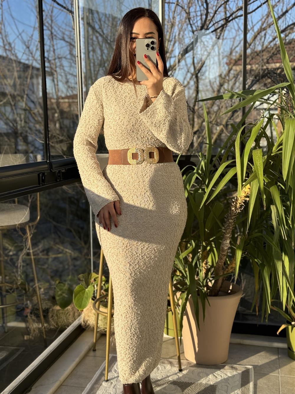 Uzun Triko Elbise Krem