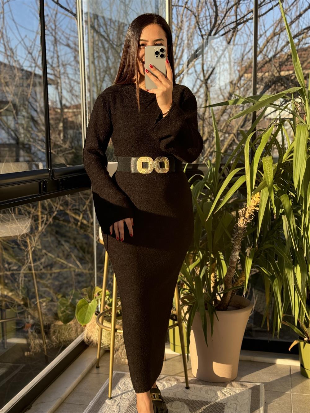 Uzun Triko Elbise Siyah