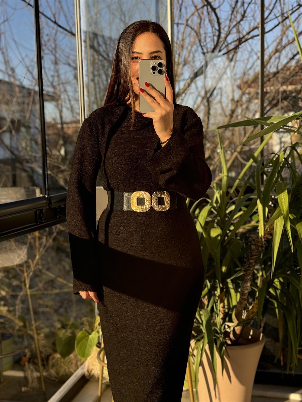 Uzun Triko Elbise Siyah