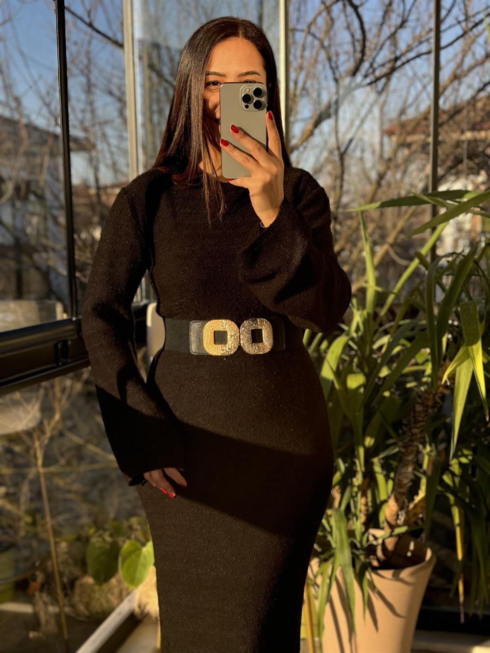 Uzun Triko Elbise Siyah