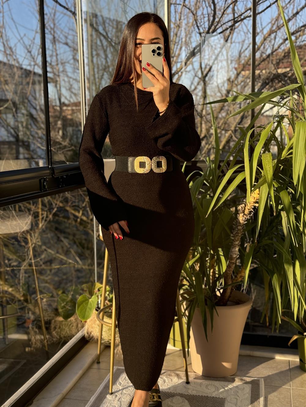 Uzun Triko Elbise Siyah