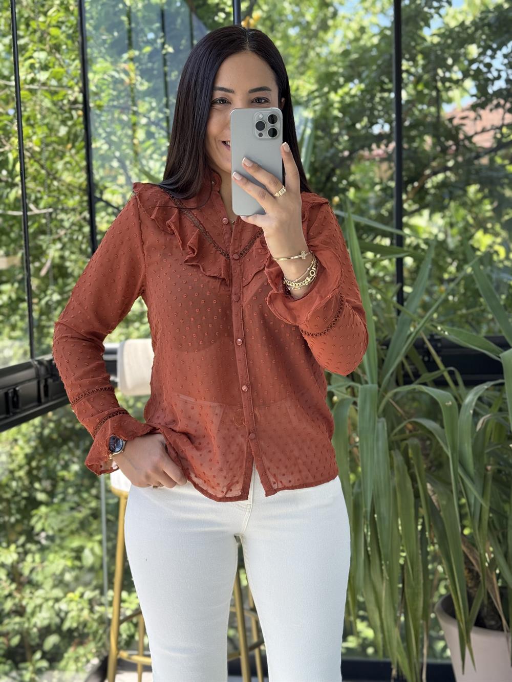 V Dantel Detaylı Gömlek Kiremit