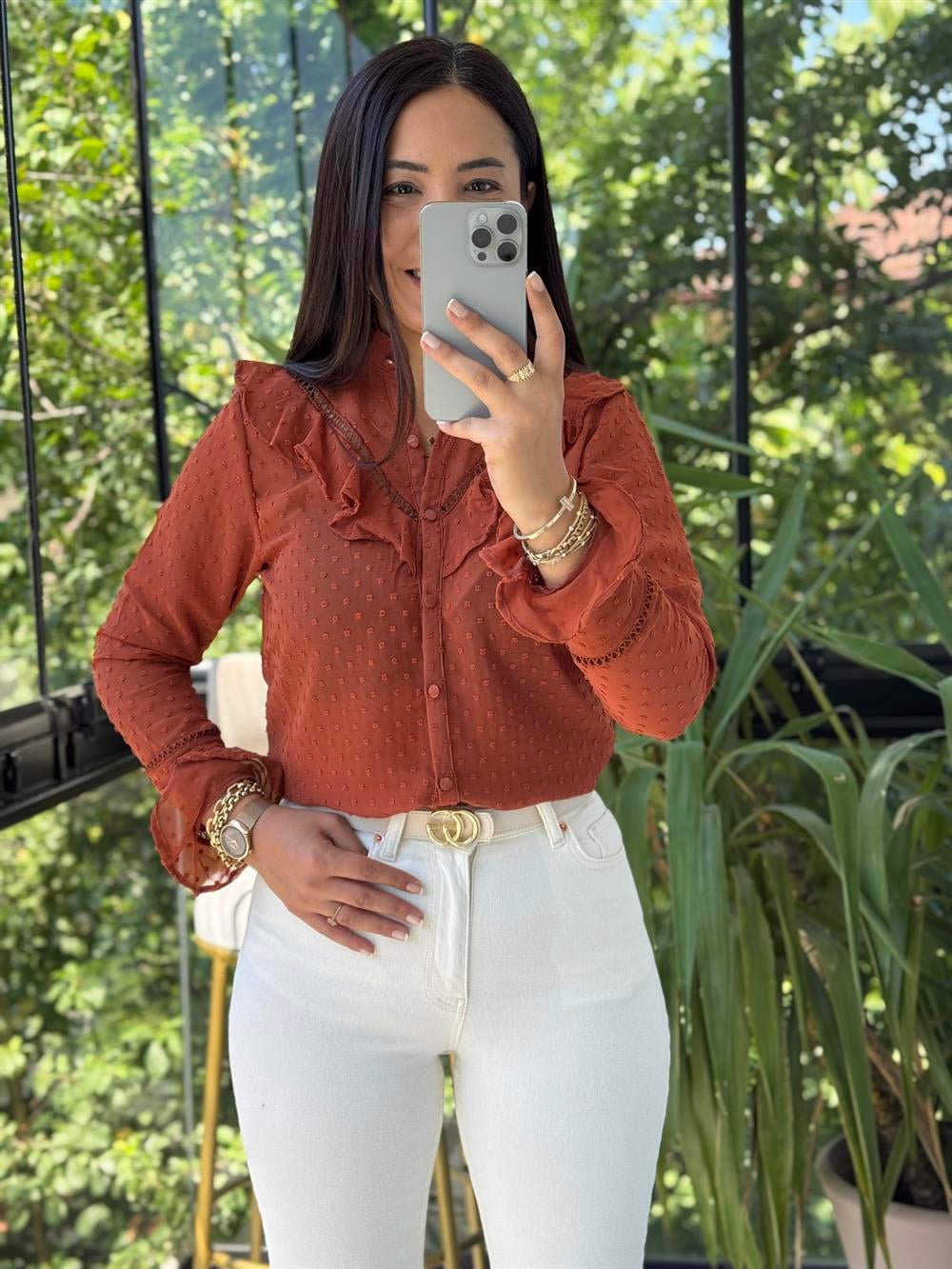 V Dantel Detaylı Gömlek Kiremit