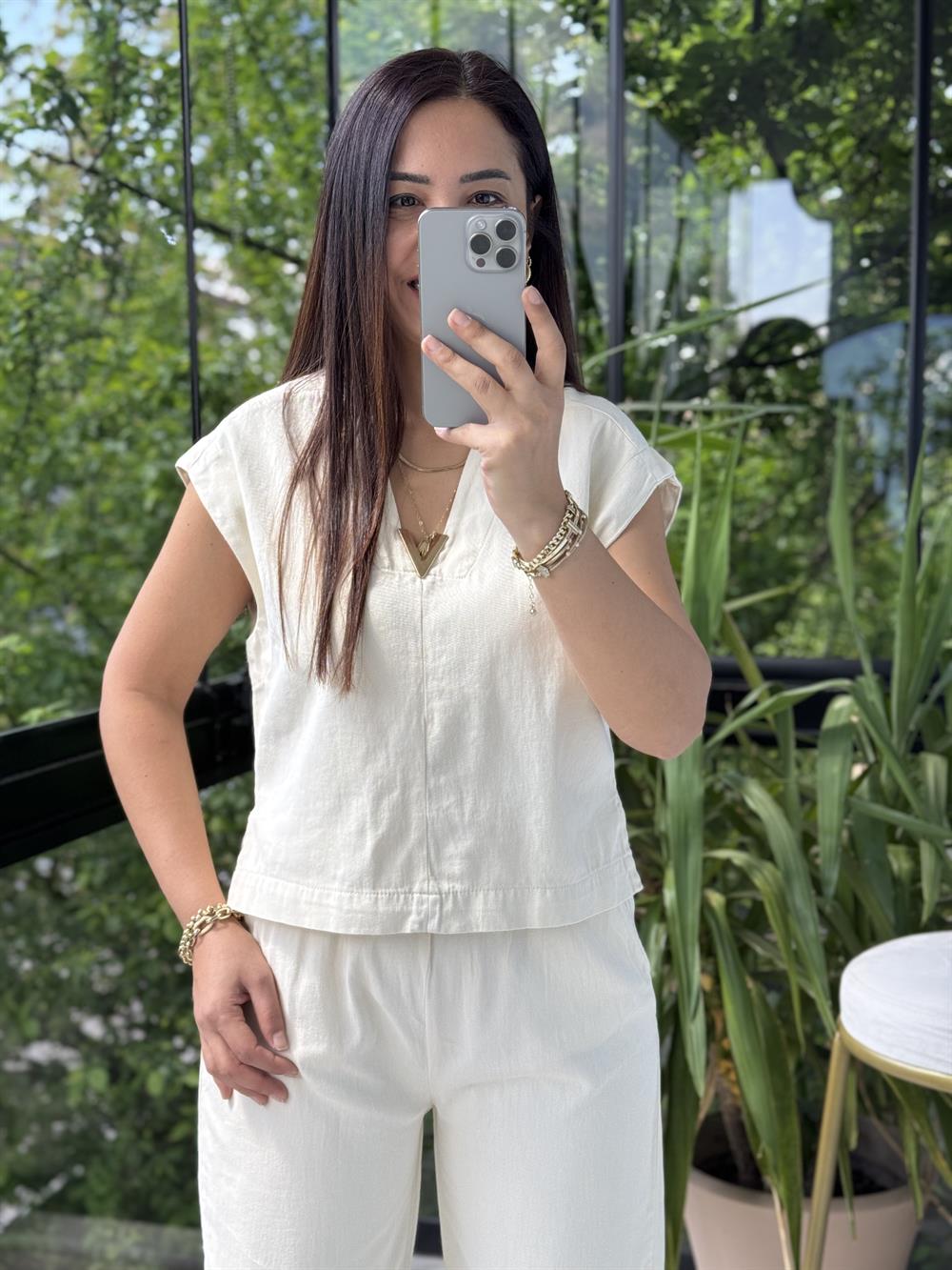 V Yaka Keten Bluz Bej