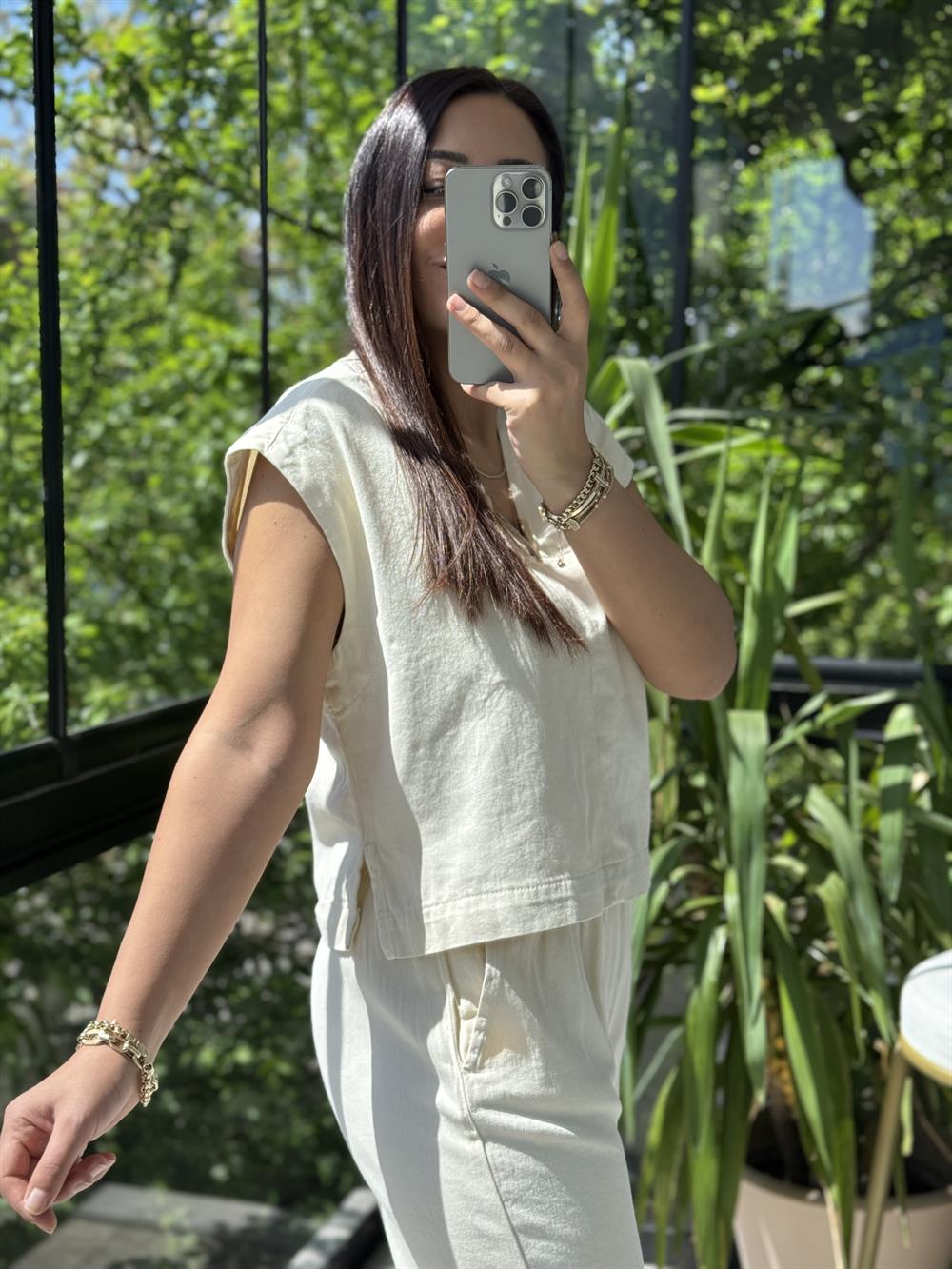 V Yaka Keten Bluz Bej