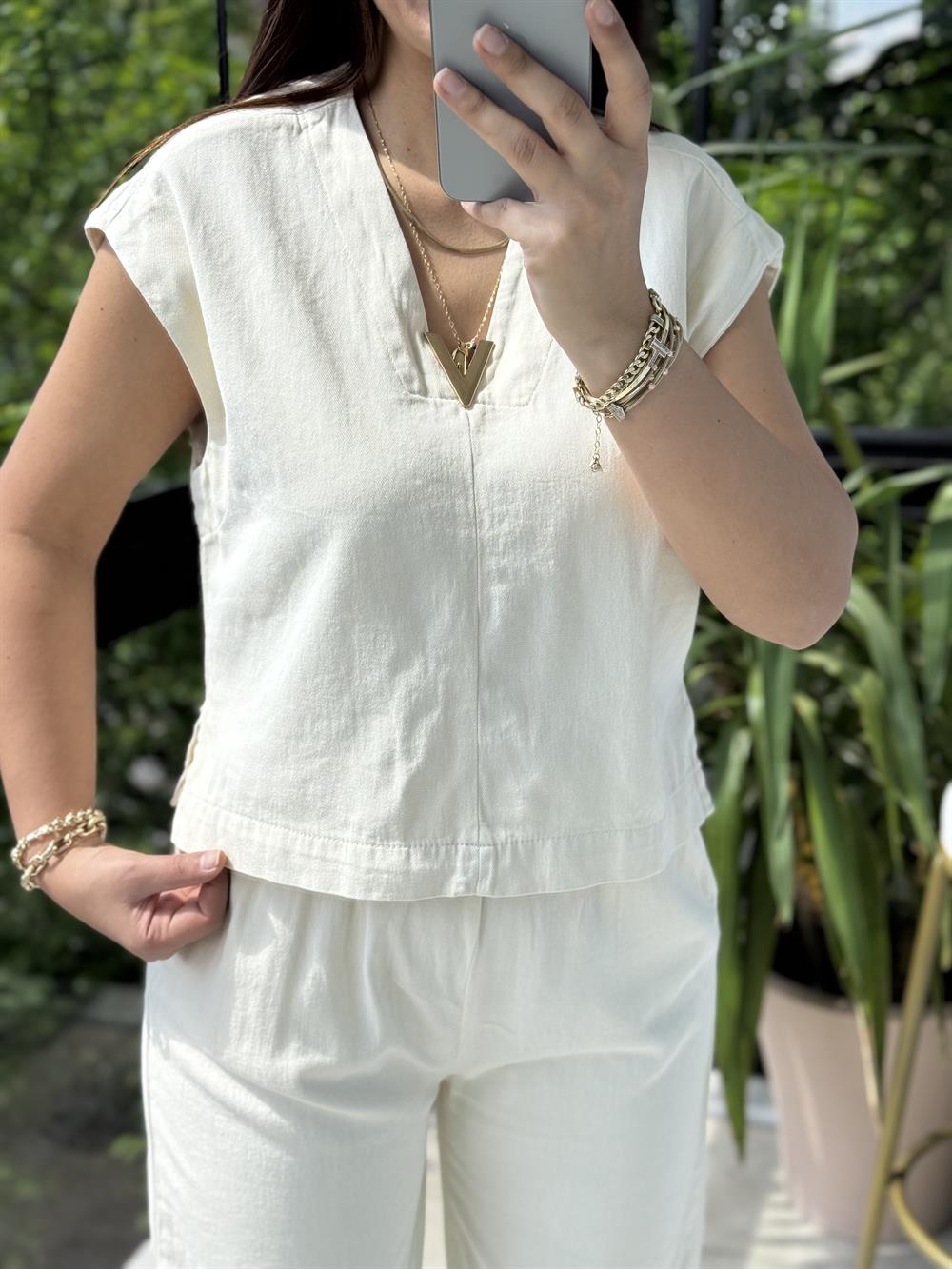 V Yaka Keten Bluz Bej