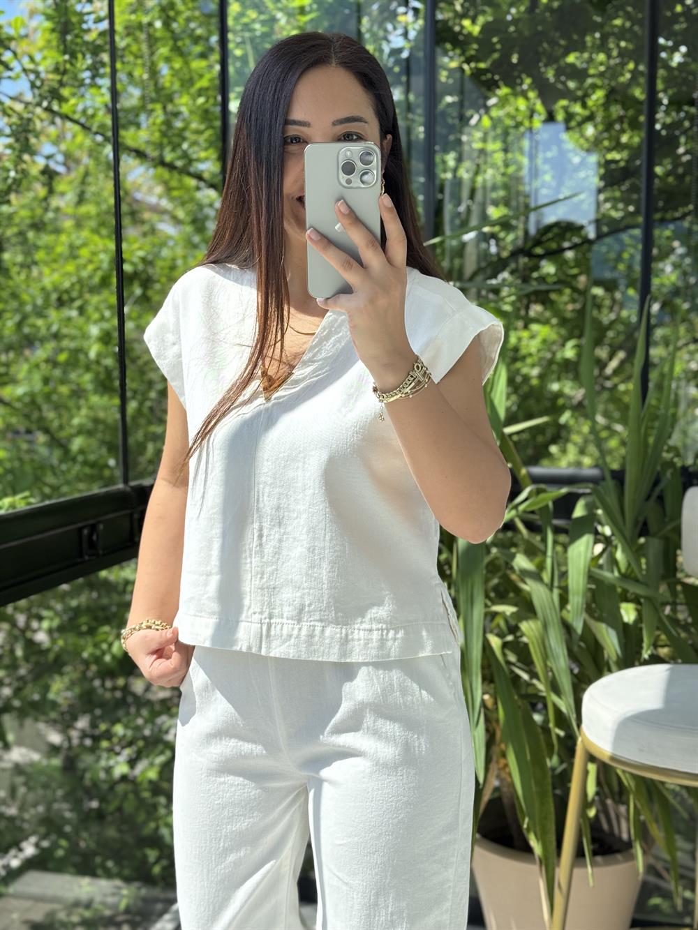 V Yaka Keten Bluz Ekru