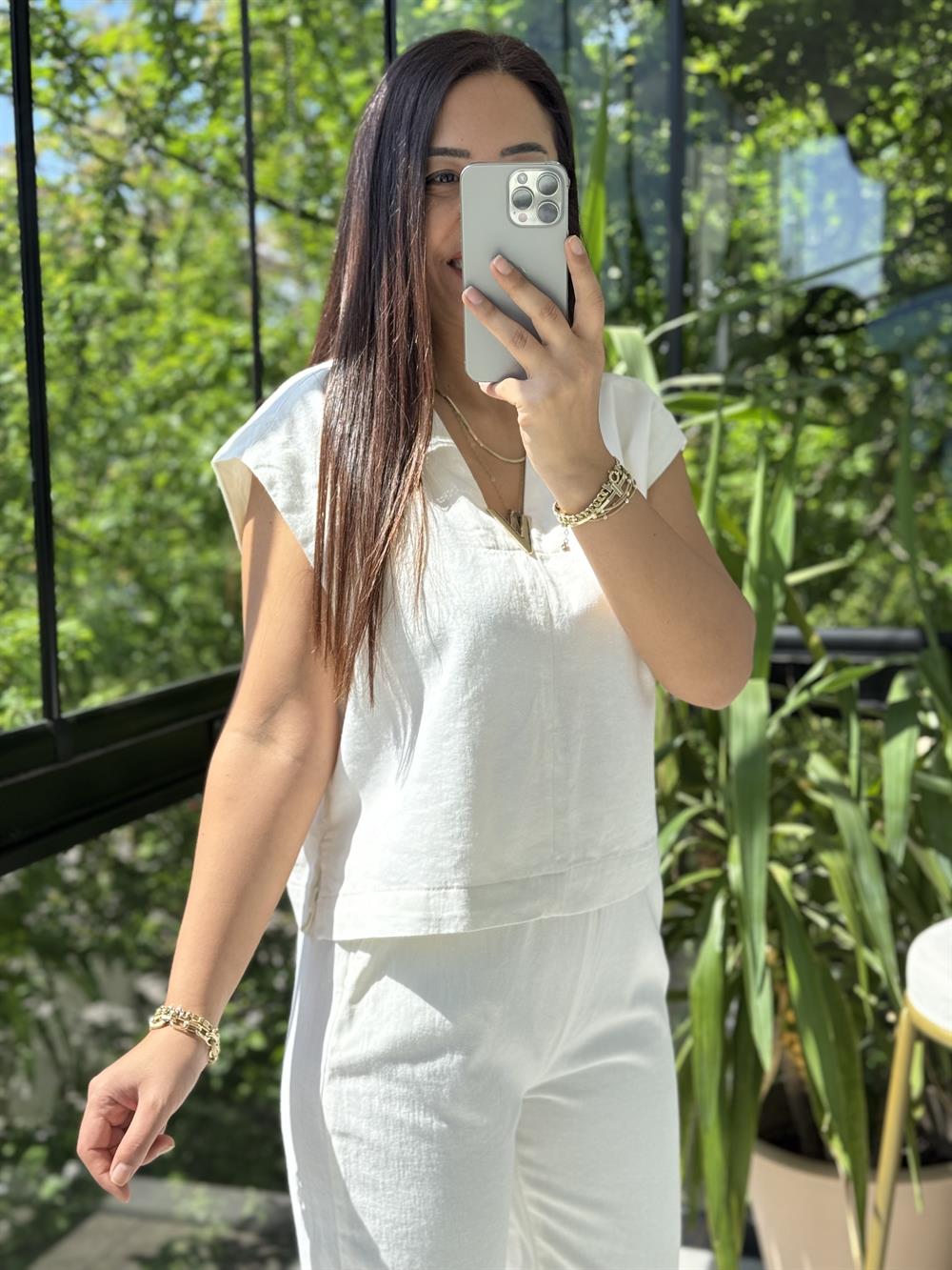 V Yaka Keten Bluz Ekru