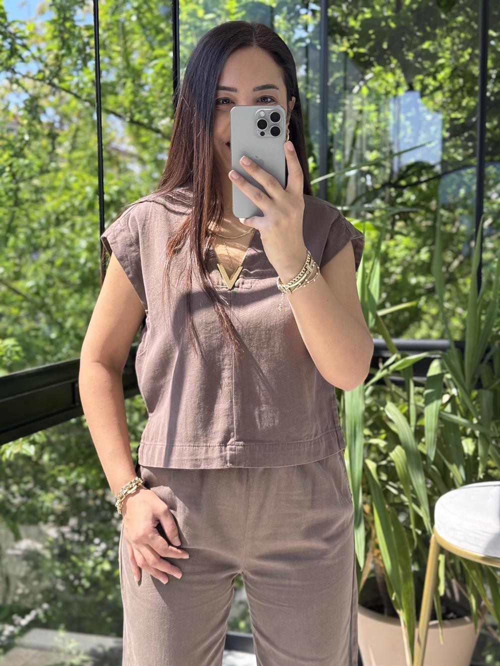 V Yaka Keten Bluz Kahve