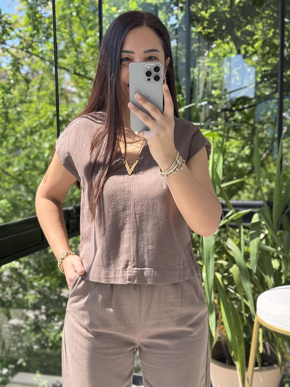 V Yaka Keten Bluz Kahve