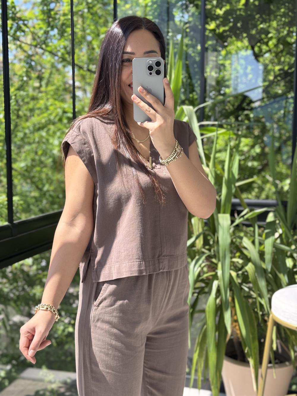 V Yaka Keten Bluz Kahve