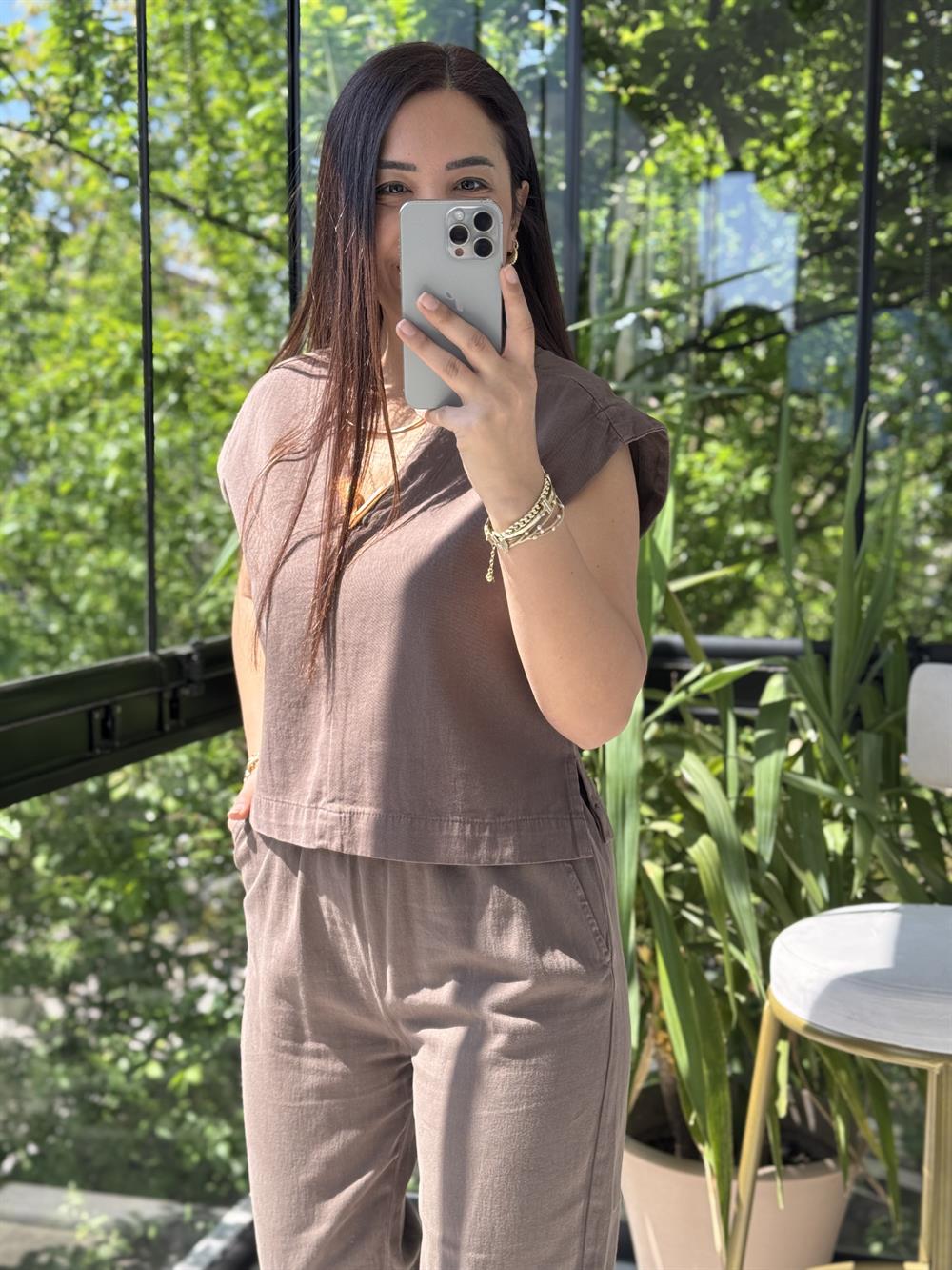 V Yaka Keten Bluz Kahve