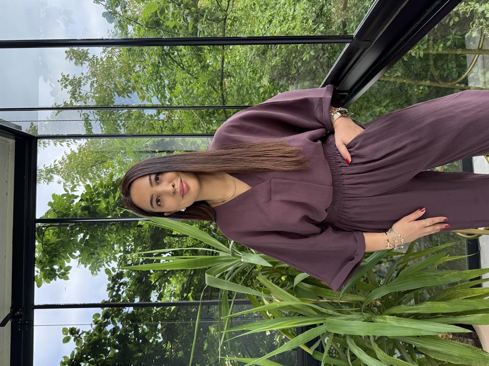 V Yaka Oversize Tensel Takım Mürdüm