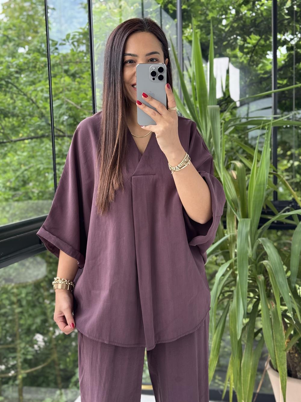 V Yaka Oversize Tensel Takım Mürdüm