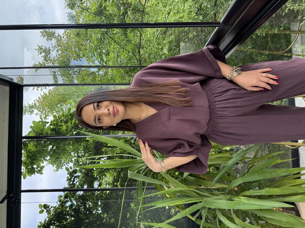 V Yaka Oversize Tensel Takım Mürdüm