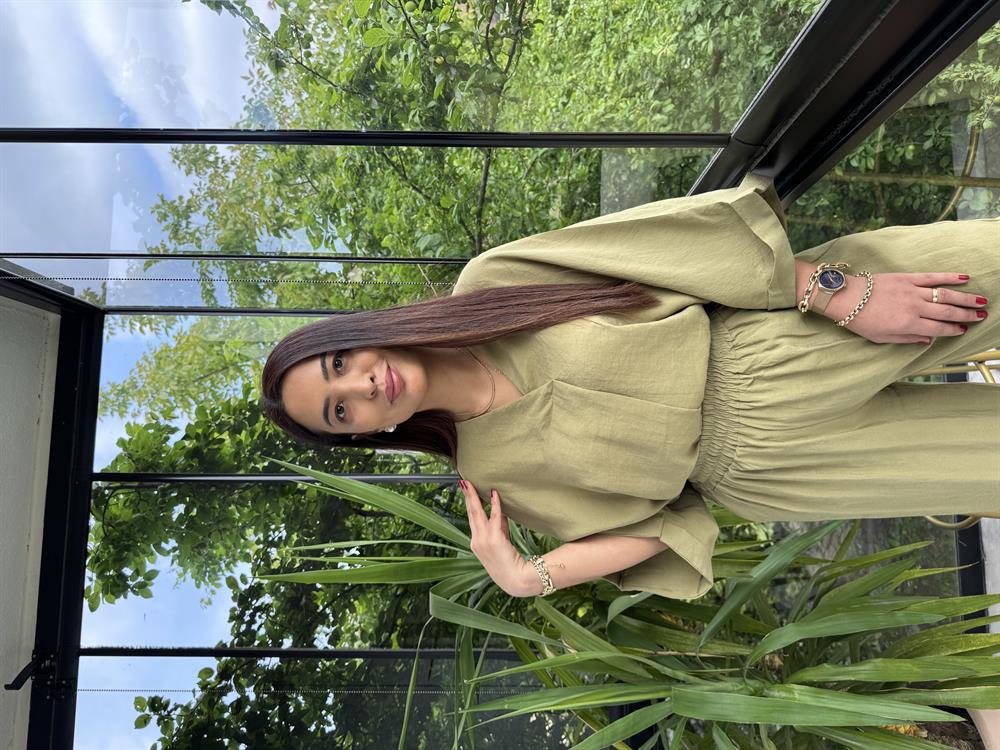 V Yaka Oversize Tensel Takım Yağ Yeşili