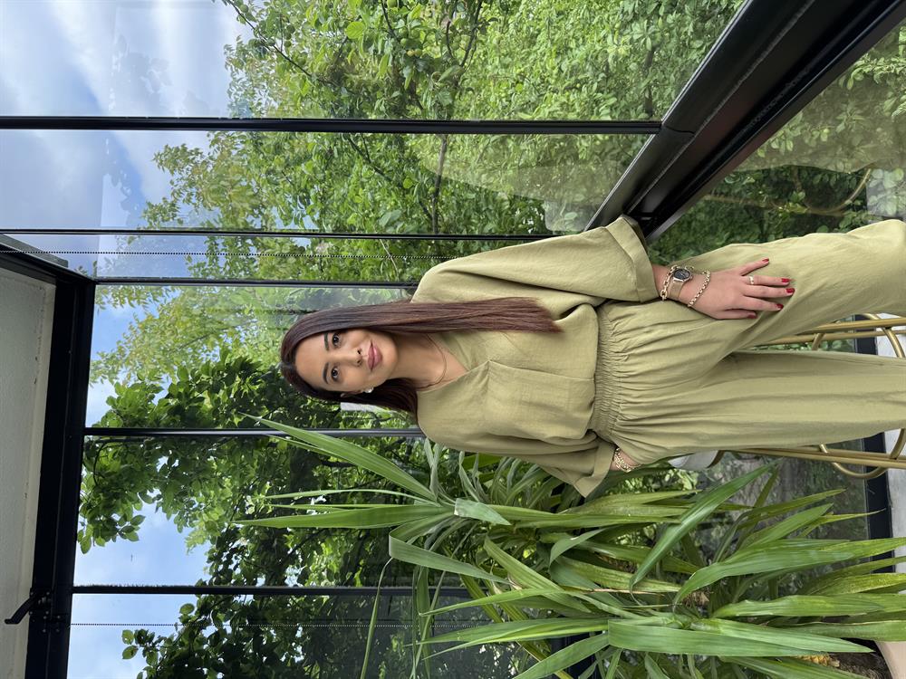 V Yaka Oversize Tensel Takım Yağ Yeşili