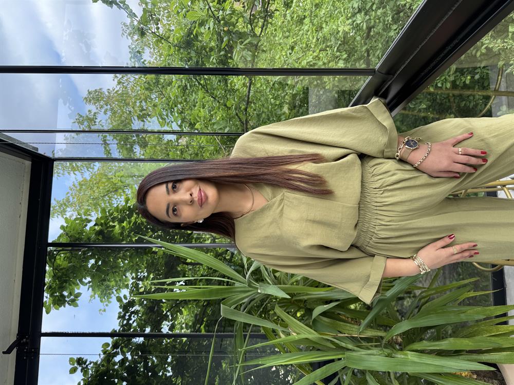 V Yaka Oversize Tensel Takım Yağ Yeşili