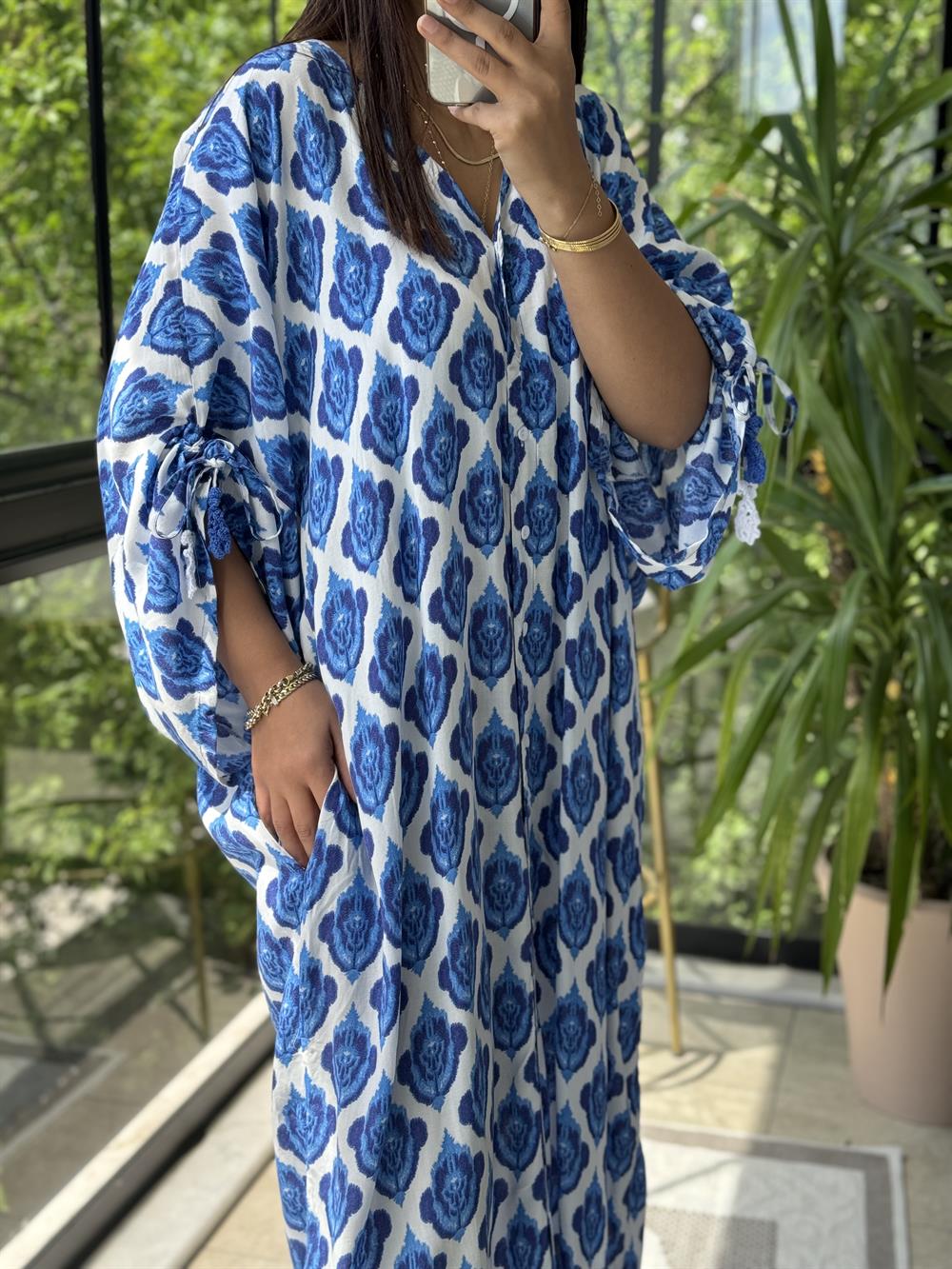 V Yaka Uzun Gömlek Elbise Lacivert