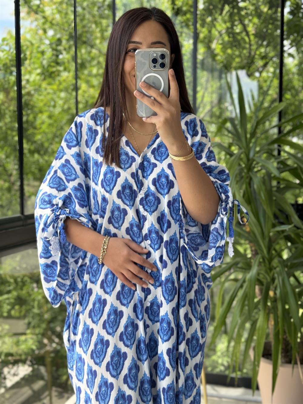 V Yaka Uzun Gömlek Elbise Lacivert