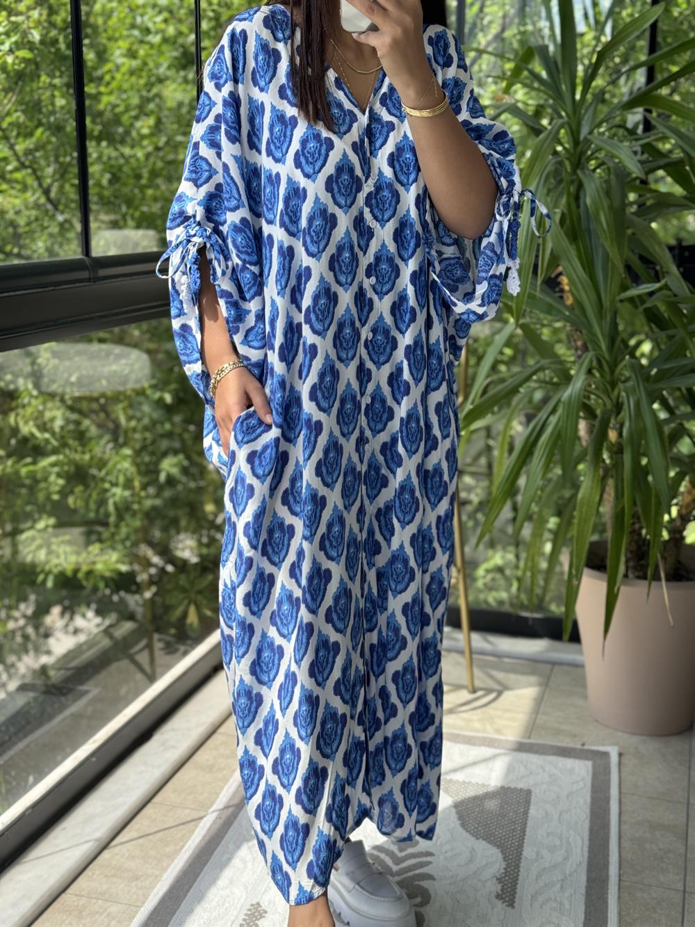 V Yaka Uzun Gömlek Elbise Lacivert