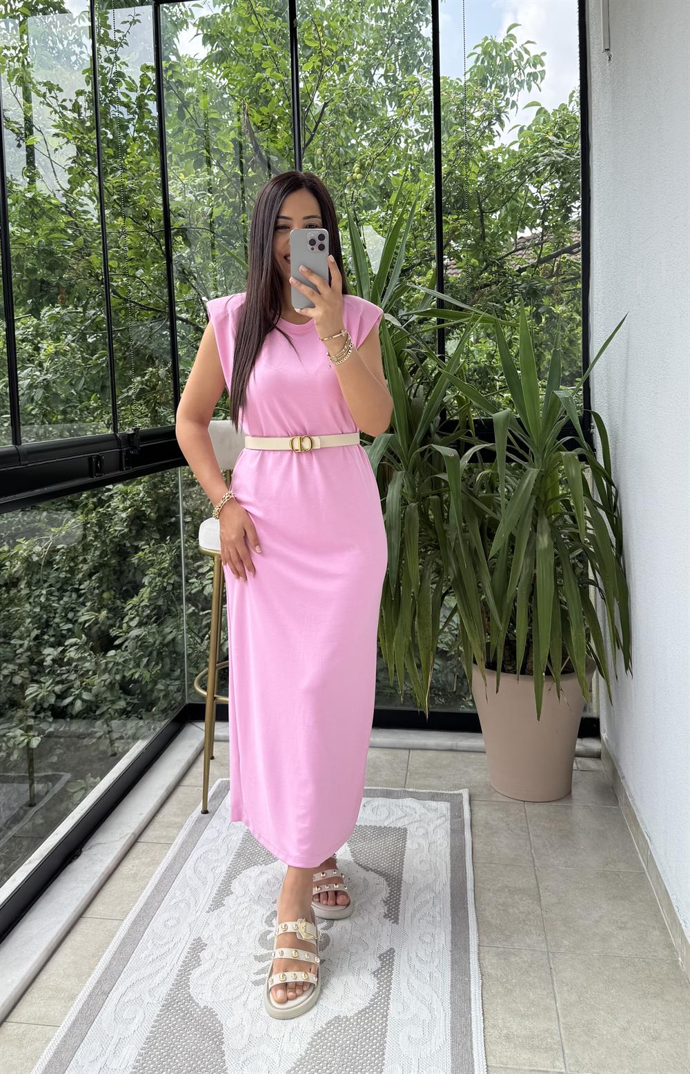 Vatkalı Modal Elbise Pembe