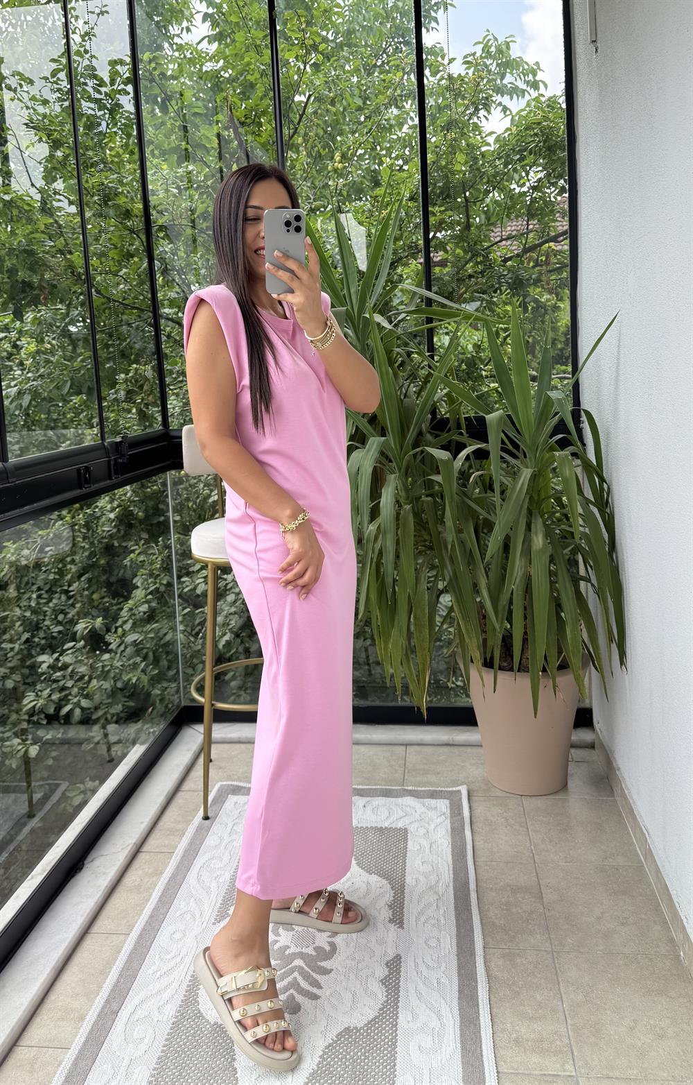 Vatkalı Modal Elbise Pembe